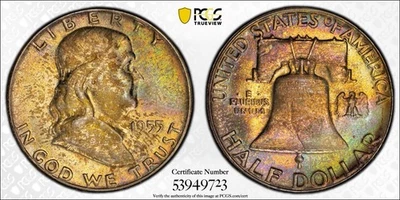 1955 "BUGS BUNNY" Franklin Half Dollar – PCGS MS-64   Insane Easter Colors - Image 1 of 4