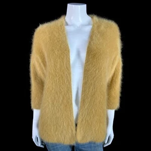 72% Angora Fuzzy Vintage H&M Mustard Gold Open-Front Cardigan Sweater 44 in bust - Picture 1 of 9