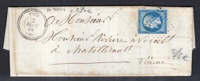 FRANCE / NAPOLEON IMPERF 1853 / Y&T # 14A USED ON COVER WITH LOZENGE PC 3841 - Image 1 of 3