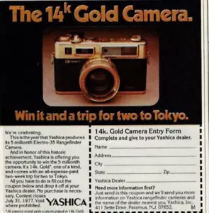 Anuncio impreso vintage 1977 La cámara de oro 14K Gana y un viaje Tokio Yashica - Imagen 1 de 2