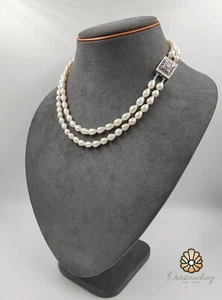 Genuine 17" Double Layered Creamish White Akoya Pearl Necklace Sterling Silver - Picture 1 of 17
