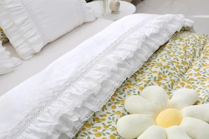 White Luxury Elegant Lace Bed Flat Sheet with Ruffles Bed Top Sheet Queen Size 1 - Picture 1 of 9