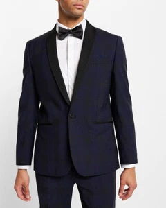 NEW EXPRESS $348 BLUE SLIM PLAID WOOL BLEND TUXEDO BLAZER JACKET SZ 40S - Picture 1 of 5