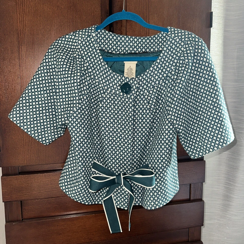 Anthropologie Elevenses Teal Tweed Tie Front Crop Blazer Jacket Size 6 - Image 1 of 4