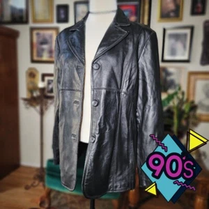 Vintage 1990s M JULIAN Womens Black Leather 3Button Notched Blazer Jacket - XL - Picture 1 of 8
