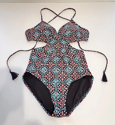 Traje de baño Michael Kors Nui recortado laterales Maillot de una pieza talla 10 negro verde azulado Foto 1 de 4