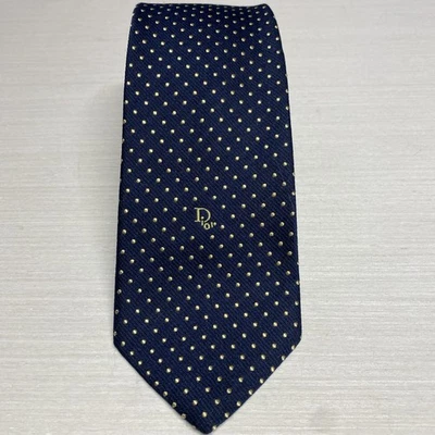 Corbata Christian Dior Vintage Azul Lunares Logo Clásica Cuello Estrecho Mezcla Seda Foto 1 de 4