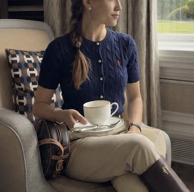 Cárdigan para mujer talla M/Ralph Lauren tejido con cable manga corta azul marino Foto 1 de 4