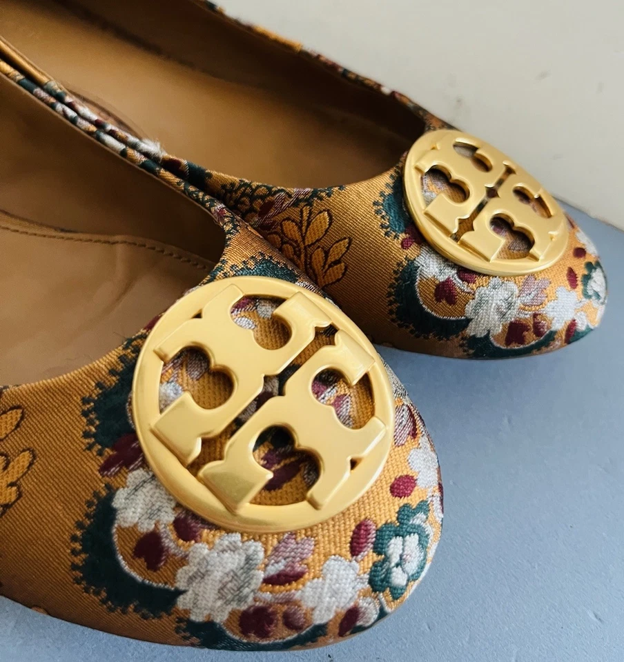 Sapatilhas de balé Tory Burch CHELSEA cetim dourado logotipo pôr do sol brocado jacquard 11 US$ 268 - Imagem 1 de 4