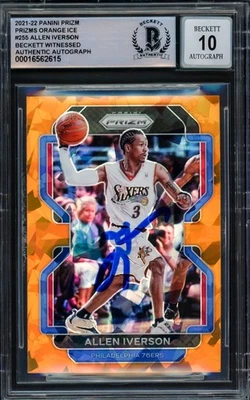 Tarjeta Allen Iverson Auto 2021-22 Prizm Orange Ice 255 76ers Sig 10 Beckett Wit Foto 1 de 2