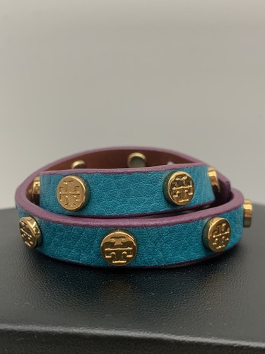 Bracciale Tory Burch Miller borchia oro doppio avvolgimento pelle blu acqua e viola L10