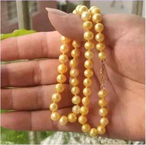 45cm Natural Round AAA 8-9mm South Sea Gold Pearl Necklace 14K Gold P - Picture 1 of 5