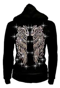 LADY SIZE Long Angel Wings Rhinestone Hoodie Sweater Thick Zip-Up S M L XL - Picture 1 of 2