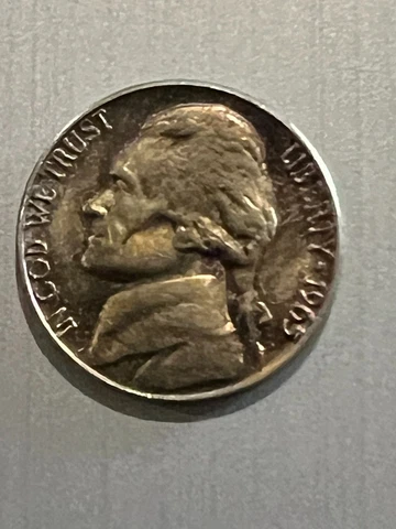 1965 Jefferson five cent nickel no mint mark / Rainbow toning Cover