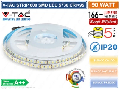 V-TAC STRIP STRISCIA LED SMD 5730 5 METRI 600 LED IP20 90W CRI>95 15000 LUMEN - Immagine 1 di 4