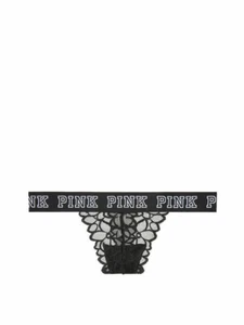 Victoria's Secret PINK Logo Elastic Lace Thong Panty Black - Picture 1 of 1