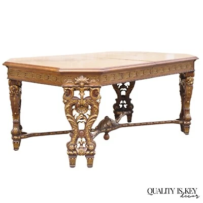 Mesa de comedor antigua francesa barroca rococó renacimiento tallado en nogal con 2 hojas Foto 1 de 4