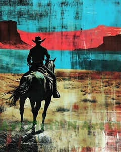 Cowboy Modern Abstrakt Mehrfarbig KI Digital Bild 11x14 100% Baumwolle Papier T32 - Bild 1 von 5