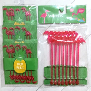 Flamingo Party Set Drink Stirrers & Food Picks Pink Tropical Sparkle Plastic - Picture 1 of 8