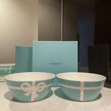 New TIFFANY & CO BONE CHINA Blue Bow Ribbon Bowls Set of 2 in Gift Box Genuine
