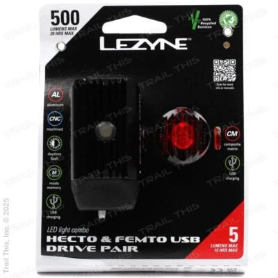 Lezyne Hecto Drive 500XL Front & Femto Rear Bicycle Light Pair Black Road MTB - Image 1 of 3