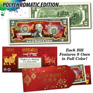 2021 CNY Chinese New YEAR OF THE OX Polychromatic 8 COLOR OXEN $2 U.S. Bill RED - Picture 1 of 3