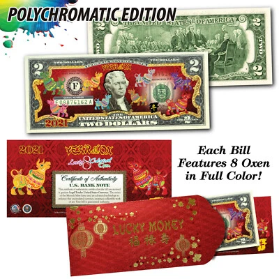 2021 CNY Chinese New YEAR OF THE OX Polychromatic 8 COLOR OXEN $2 U.S. Bill RED - Image 1 of 3