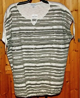 TOP TEE-SHIRT RAYURES TIE &DIE TAUPE ÉCRU SEQUINS GINA LAURA T XXL 54/56 NEUF - Photo 1/2