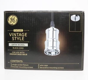 GE Vintage Style Light Fixture Med Base, Satin Nickel with Black Cord (1 Pack) - Picture 1 of 3