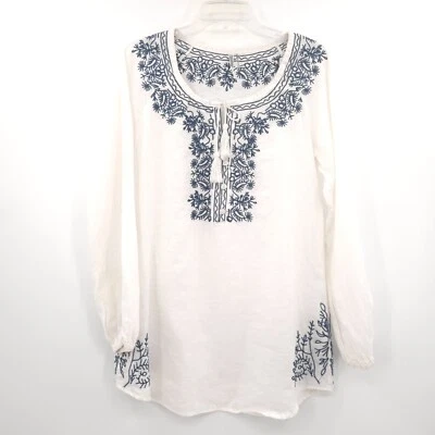 Monoreno 100% Lino Túnica Top Mujer Talla M Blanco Bordado Manga Larga Boho Foto 1 de 4