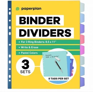 3 Ring Binder Dividers with 8 Tabs (Set of 3) - Pastel in Color Colors - Picture 1 of 6