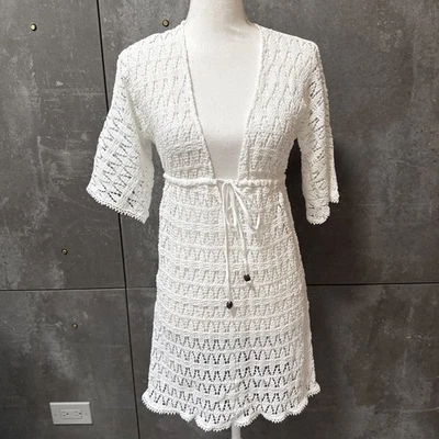 MILLY Blanco Pequeño Crochet Algodón Natación Cubre Manga Corta Cuello en V  Foto 1 de 4