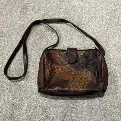 Bolso Bandolera Cartera Boho De Colección Años 80 90 Marrón Patchwork Cuero Foto 1 de 4