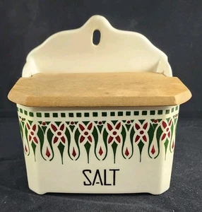 Caja de sal de gres checo vintage con tapa de madera Art Nouveau verde rojo crema - Imagen 1 de 10