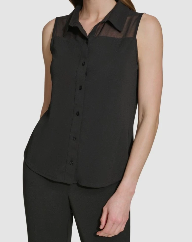 DKNY Women's Black Mixed-Media Button-Front Chiffon Sleeveless Top Size XL - Image 1 of 1