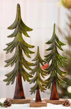 Christmas Trees Holiday Décor Enameled Carved Mango Wood Hand Crafted Set Of 3