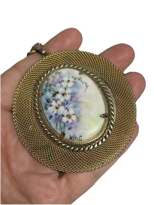 Vintage Hand Painted Floral Porcelain Pendant Necklace Gold Mesh Chain 1970s - Image 1 of 4