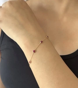 Set Lunetta Rubino Pera Naturale Bracciale Oro Giallo Massiccio 10k Delicato e Delicato - Foto 1 di 2
