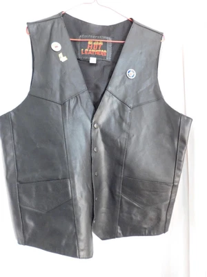 Vintage Hot Leathers Black Biker Vest with Firefighter, 9/11 & Twin Tower Pins - Image 1 of 4