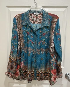 JOHN MARK Floral Blue Pink Multi Top Women PXL Petite Long Sleeve Roll Tab - Picture 1 of 8