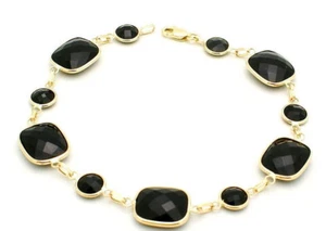 14K Yellow Gold Bracelet With Round and Cushion Cut Black Onyx 7.5 Inches - Picture 1 of 3