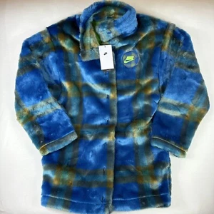 Nike Sportswear Faux Fur Jacket Court Blue Mean Green Womens Size S DD4541-476 - Picture 1 of 9