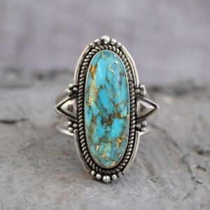 925 Sterling Silver Ring Natural Blue Copper Turquoise Gemstone Women Jewelry