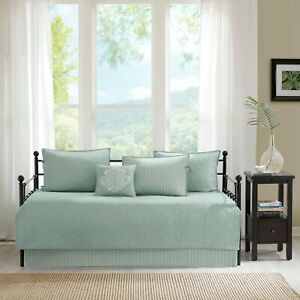 Solid Seafoam Green White Striped 6 pc Twin Daybed Set Quilted Cover Bedding