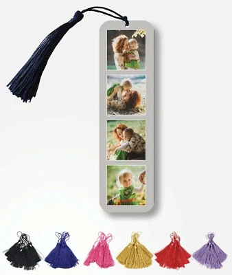 Personalised Metal Photo Bookmark - 4 Photos - Christmas Gift - Grey Background