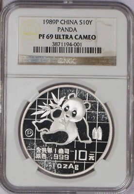 1989-P Silver Panda 1 oz. 10 Yuan NGC PF69 Ultra Cameo. Free shipping. - Image 1 of 2