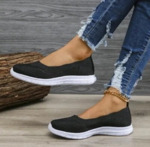 Damen Strick Slipper Schuhe Freizeit Mesh Bequem Halbschuhe Flach Sneaker Schwarz - Bild 1 von 5