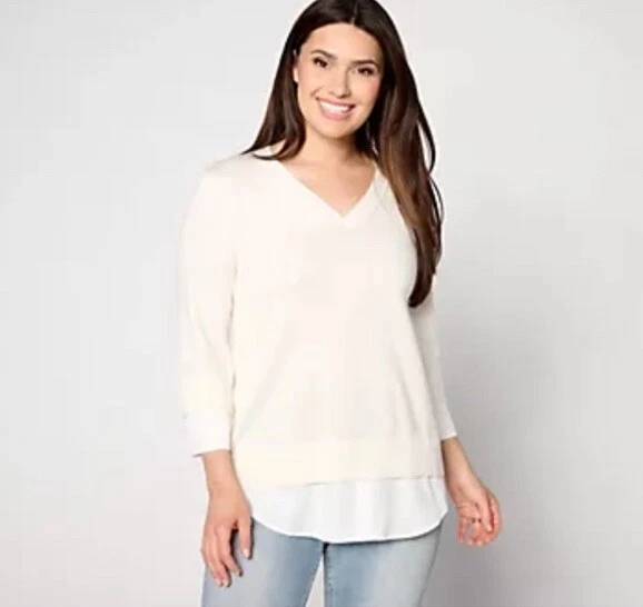 Joan Rivers 3/4 Sleeve V-Neck 2Fer Sweater Size L Natural NEW - Image 1 of 4