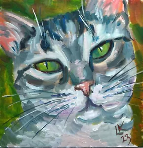 Original Öl Katze Portrait 10x10 - Bold Tabby Face Painting on Canvas Panel Signe - Bild 1 von 6