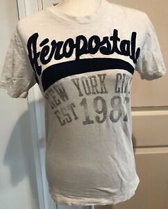 Aeropostale New York 1987 Shirt Top Short Sleeve Off White Navy Fuzzy Letters XS